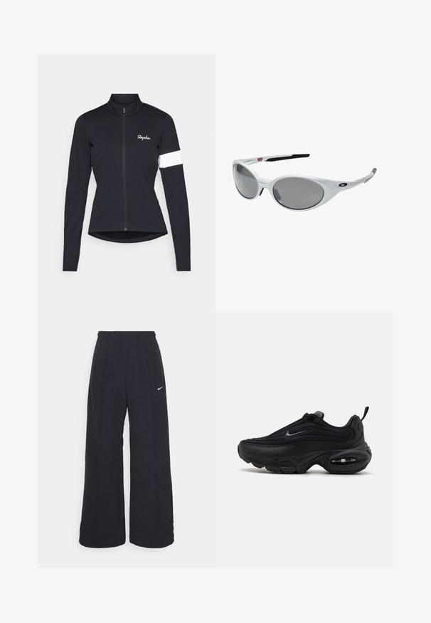 Rapha WOMENS CORE JACKET - Cykeltröjor - black/white; Svarta byxor med vida ben, elastisk midja och en liten vit Nike-logotyp. Tyget har en slät yta, designad för komfort och avslappnad användning.; Svart atletisk sko med en slät, texturerad ovandel. Har en rund tå, vadderad krage och synlig luftkuddning i sulan.; Vita plastsolglasögon med stora ovala linser, gråtonade. Har svarta örongrepp och en liten logotyp på ramen. Slät yta.