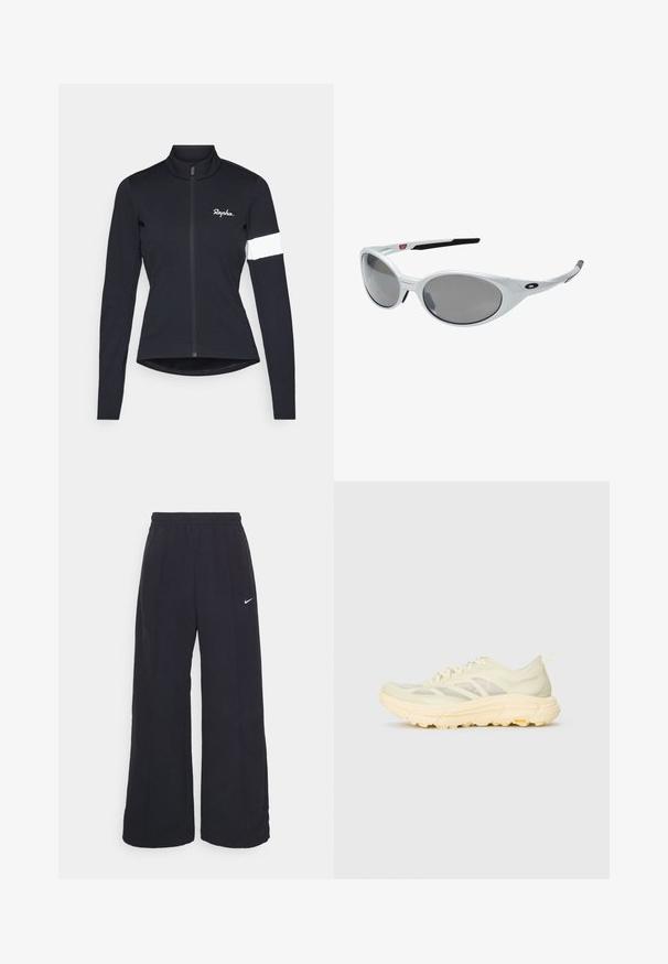 Rapha WOMENS CORE JACKET - Cycling-Trikot - black/white; Schwarze weit geschnittene Hosen mit einem elastischen Bund und einem kleinen weißen Nike-Logo. Der Stoff hat eine glatte Textur und ist für Komfort und lässiges Tragen konzipiert.; Helle beige Sport-Sneaker mit durchscheinendem Obermaterial, dicker gepolsterter Sohle, seitlichen Schnürsenkeln und Vibram-Logo auf der Außensohle.; Weiße Kunststoff-Sonnenbrille mit großen, ovalen Gläsern in grauer Tönung. Verfügt über schwarze Ohrpolster und ein kleines Logo am Rahmen. Glatte Oberfläche.; Schwarzer Rucksack aus leichtem, strukturiertem Stoff mit einem zentralen Reißverschluss, verstellbaren Trägern und einem Griff oben. Mit einem Logo an der Seite.