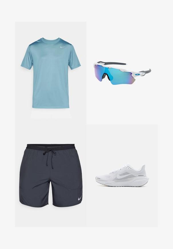 Világoskék sportpóló sima, légáteresztő anyagból. Kerek nyakkivágással és rövid ujjakkal rendelkezik, a mellkasán egy apró fehér logóval.; Sötétszürke Nike futóshorts, elasztikus derékkal és húzózsinórral, az alsó jobb lábszáron ezüst színű logóval.; Fehér sportcipő, hálós felsőrésszel, sima textúrájú díszítőelemekkel, szürke akcentusokkal, fűzőkkel, és párnázott talppal, amely a teljesítmény érdekében készült.; Fehér keretű napszemüveg, szürke díszítéssel és kék tükörlencsékkel. Sportos dizájn, körbeölelő forma és állítható orrtámasz.
