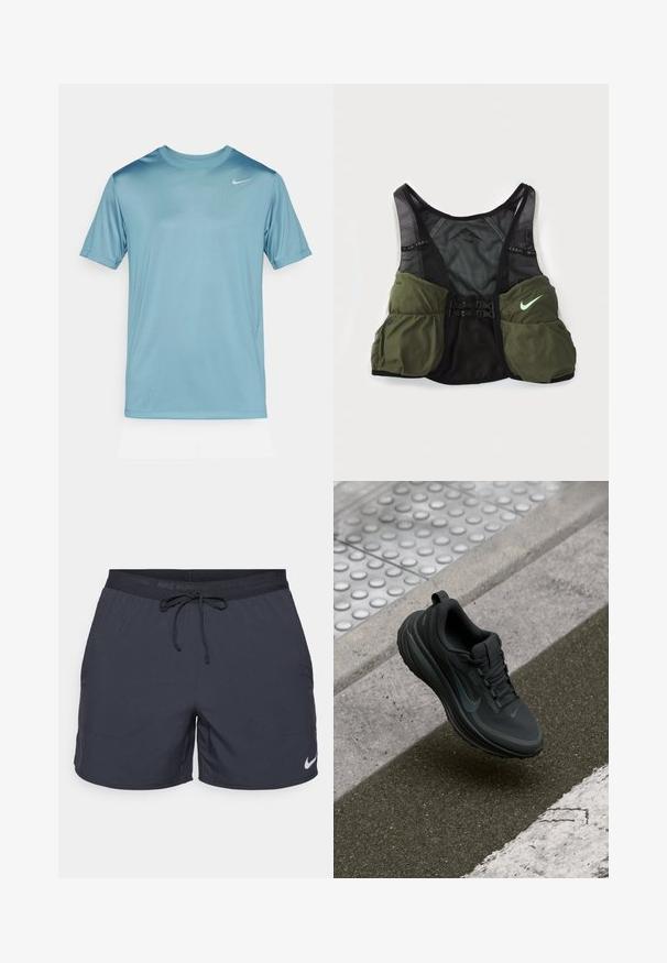 Vaaleansininen urheilupaita, joka on valmistettu sileästä, hengittävästä kankaasta. Tässä paidassa on pyöreä kaula-aukko ja lyhyet hihat, ja rinnassa on pieni valkoinen logo.; Nike juoksushortsit, tummanharmaat, joustava vyötärö naruineen, sivutaskut, kevyttä kangasta, ja alahelmassa valkoinen Nike-logo.; Musta urheilujalkine, jossa on sileä kangasyläosa, tekstuuripohja ja heijastavat yksityiskohdat. Varustettu pyöreällä kärjellä ja nauhaketjumuotoilulla.; Nike juoksuväki-liivi mustana ja oliivinvihreänä. Ominaisuuksiin kuuluvat verkkokangas, säädettävät hihnat ja useita säilytyslokeroita edessä.