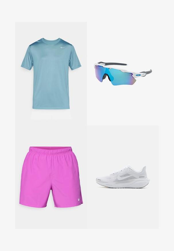 Svijetloplavi atletski majica napravljena od glatkog, prozračnog materijala. Ima okrugli izrez i kratke rukave s malim bijelim logotipom na prsima.; Roza športna kratka hlače z elastičnim pasom, gladko teksturo in majhnim belim logotipom Nike na spodnji strani.; Bela atletska copata z mrežasto zgornjo plastjo, gladkimi teksturiranimi dodatki, sivi poudarki, vezalkami in blaženim podplatom, zasnovana za zmogljivost.; Sončne očala z belim okvirjem, sivi detajli in modrimi zrcalnimi lečami. Športna zasnova, ovitek oblike in nastavljivi nosni blazinici.