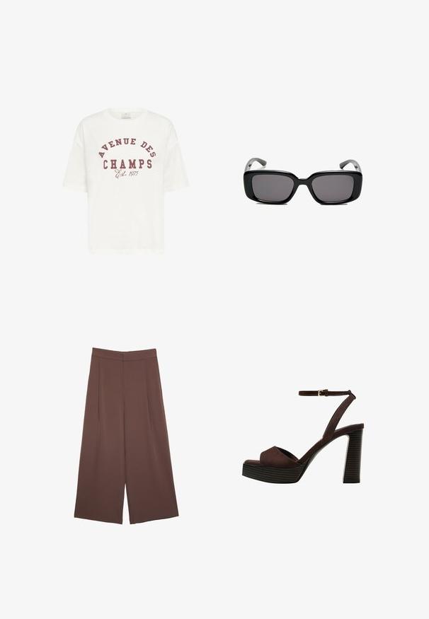 Weißes T-Shirt mit kurzen Ärmeln aus Baumwolle, mit einem bordeauxfarbenen Druck mit der Aufschrift "AVENUE DES CHAMPS Est. 1975" in fetter Schrift.; Braune Weite-Leg-Hosen mit einer glatten Textur, hoher Taille und Vorderfalten. Der Stoff ist leicht und fällt locker.; Braune Wildleder-Pumps mit offenem Zeh, verstellbarem Knöchelriemen und gestreiftem Plateausohlen.; Schwarze rechteckige Sonnenbrille mit dunklen Gläsern, glattem Kunststoffrahmen und gebogenen Bügeln. Das Design ist klobig mit einer minimalistischen Ästhetik.