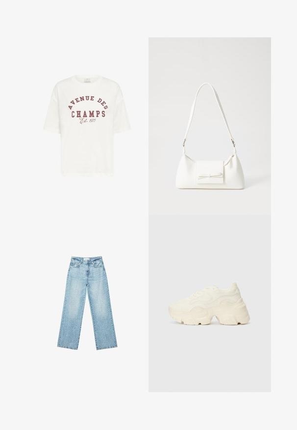 White short-sleeve t-shirt made of cotton featuring a maroon print reading "AVENUE DES CHAMPS Est. 1975" in a bold font.; Light blue denim wide-leg jeans with a high waist, featuring a faded wash and small, scattered distressed details throughout.; Chunky white sneakers made of textured mesh and synthetic materials, featuring a thick sole and intricate pattern details along the sides.; White synthetic handbag with a triangular shape, flat front flap and bow detail, adjustable strap, smooth texture, and minimalistic design.