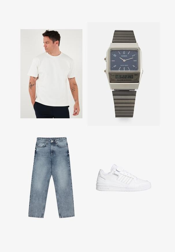 Biela tričko s okrúhlym výstrihom, krátke rukávy, hladká textura. Nosené s tmavými nohavicami, s viditeľnými tetovaniami na ramenách.; Svetlomodré džíny s rovnými nohavicami, viditeľným prešívaním, dizajnom s piatimi vreckami a zapínaním na gombík v oblasti pása.; Biele atletické tenisky s hladkým koženým povrchom, perforovanou špičkou, tromi pruhovými akcentmi a suchým zipsom. Gumová podrážka s detailom značky.; Digitálny hodinky Casio s modrým ciferníkom, strieborným púzdrom a vrstvovou čiernou gumovou remienkom. Zobrazuje čas a nastavenia budíka. Odolné voči vode.