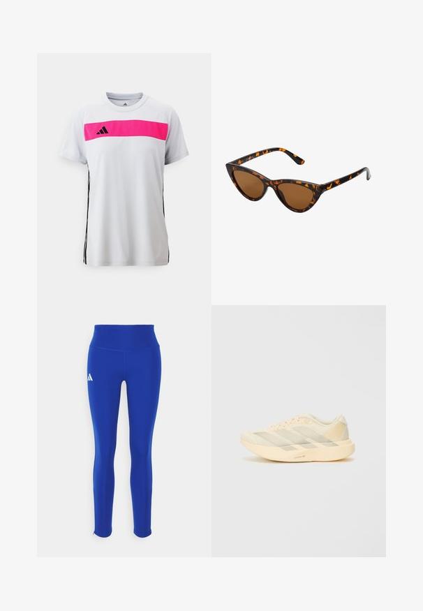 Tricou athletic alb cu o bandă orizontală roz pe piept, logo adidas negru și accente negre pe laterale. Mâneci scurte, design cu gât rotund.; Leggings atletice albastre cu talie înaltă, realizate dintr-un material elastic, având un logo alb pe șoldul stâng și tivuri discrete.; Pantof cu un design athletic ușor, în nuanțe de galben deschis și crem, având un superior din plasă texturată, trei dungi diagonale și o talpă groasă cu detaliul "LIGHTSTRIKE PRO".; Ochelari de soare în stil cat-eye, cu o ramă din material cu tortoiseshell negru și portocalie, lentile maro și vârfuri elegante, ascuțite. Prezintă un logo minimal pe brățara ochelarilor.