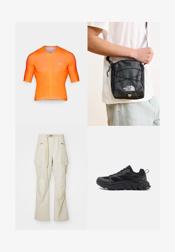 Kortermet sykkeltrøye i gradient oransje, laget av stretchmateriale, har glidelås foran, rund hals og liten logo foran.; Beige cargo bukser med bred ben, bælte i taljen, to sidelommer og knælapper. Glat tekstur med forstærkede syninger.; Svarte sportssko med en kraftig såle, mesh- og syntetisk overdel, teksturerte detaljer og Vibram-merket på sålen.; Svart nylon crossover-veske med teksturert overflate, justerbar stropp og bungee-korddetalj. Har "The North Face"-logo i hvitt.