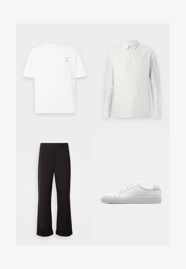 Maglietta bianca in cotone con una vestibilità rilassata, maniche corte e scollatura a V. Presenta due piccoli loghi stampati neri sul lato sinistro.; Camicia di colore chiaro, a maniche lunghe, con righe verticali, colletto button-down e taschino sul petto. Il tessuto appare testurizzato con una finitura morbida.; Pantaloni neri con vestibilità dritta, realizzati in tessuto leggero. Dotati di una chiusura a bottone classica e orli arrotolati.; Sneaker bianco con tomaia in pelle liscia e profilo basso. Presenta una punta arrotondata, sei occhielli e una suola in gomma testurizzata.