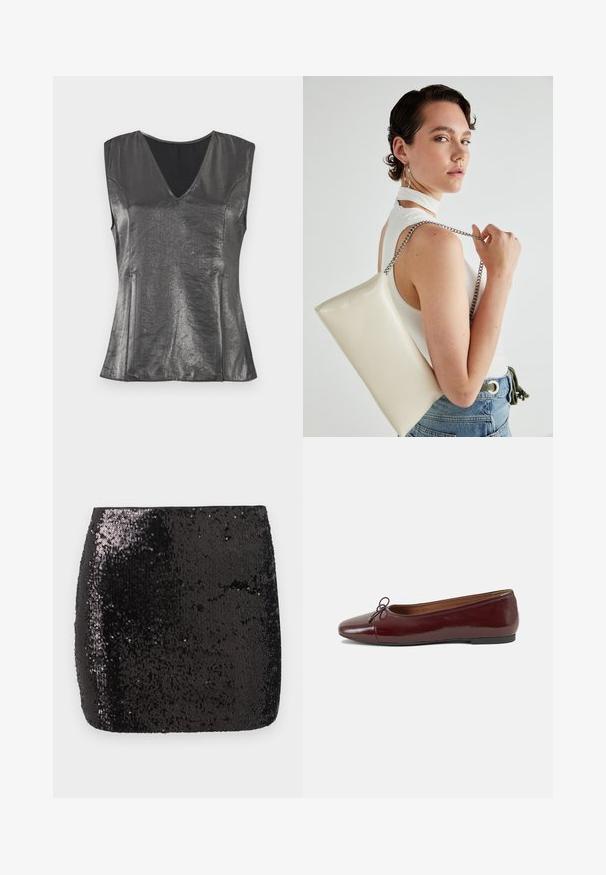 Metallic grå ærmeløs top med V-udskæring, glat tekstur og skræddersyet pasform. Har diskrete sidesømme og et minimalistisk design.; Sort palietteret mini nederdel med en tætsiddende form, glat tekstur og skinnende overflade, der reflekterer lys og skaber visuel interesse.; Bordeaux patentlæder balletflad med rund tå, lille sløjfeaccent foran og en lav, sort gummisål. Glat tekstur.; Hvid rektangulær clutch-taske lavet af skinnende materiale, med en sølv kædetransport. Modellen poser, mens hun fremviser tasken mod en ensfarvet baggrund.