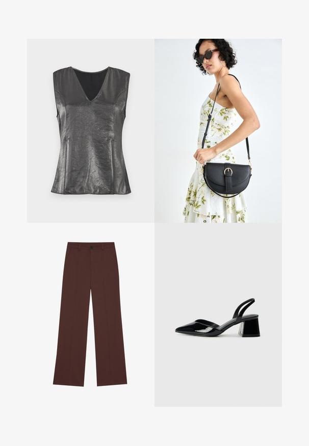 Metaliczny szary top bez rękawów z dekoltem w kształcie litery V, o gładkiej fakturze i dopasowanym kroju. Posiada subtelne szwy boczne oraz minimalistyczny design.; Szerokie spodnie w bogatym brązowym materiale. Posiadają zapięcie na guzik, dwie przednie kieszenie, gładką teksturę i proste linie.; Czarne lakierowane półbuty na obcasie z wydłużonym noskiem i geometrycznym słupkiem. Charakteryzują się eleganckim, minimalistycznym designem oraz gładką fakturą.; Czarna skórzana torebka o zakrzywionym kształcie, z odpinanym paskiem i złotymi akcentami. Torebka posiada klapę z zapięciem w kształcie klamry.