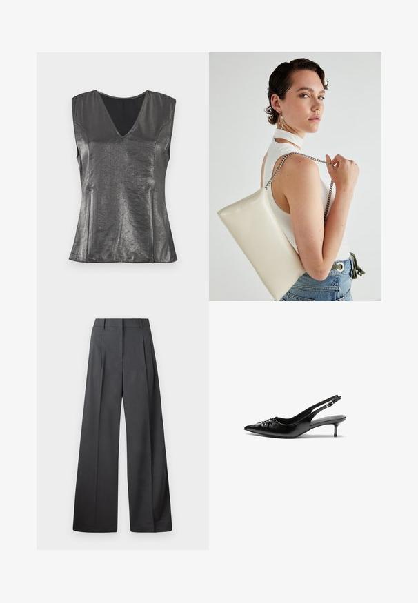 Metallic grå ærmeløs top med V-udskæring, glat tekstur og skræddersyet pasform. Har diskrete sidesømme og et minimalistisk design.; Bredde benbukser i mørkegrå stof, med høj talje, enkelte læg og en glat tekstur med en ren finish ved kanten.; Sorte læderslippers med spidse tæer, lille kitten hæl og en dekorativ knude detalje foran. Glat tekstur hele vejen rundt.; Hvid rektangulær clutch-taske lavet af skinnende materiale, med en sølv kædetransport. Modellen poser, mens hun fremviser tasken mod en ensfarvet baggrund.