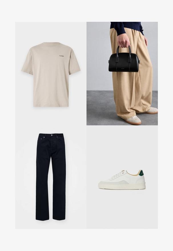 Bežinė medvilninė marškinė su trumpomis rankovėmis ir apvali iškirpte. Ant viršutinės kairės krūtinės pusės yra mažas siuvinėtas "CLOSED" logotipas.; Juoda džinsai su tiesia kojų kirpimo, turi sagčiu ir užtrauktuku užsegimą, penki kišeniai ir tonizuota siuvinėjimas.; Baltos sportbačiai su zomšos akcentais, apvaliu nosiu, plokščiais raišteliais ir kreminės spalvos guminiu padu. Ant kulno yra žalia ženklinimo detalė.; Juodas odinis rankinė su struktūrizuotu dizainu, dviem rankenomis, subtiliomis siuvimo detalėmis ir auksiniu logotipu. Derinamas su smėlio spalvos plačiomis kelnėmis.