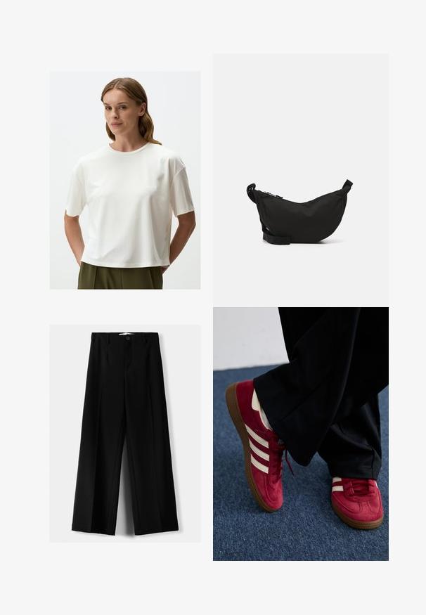 Jimmy Key T-shirt basic - ecru; Zwarte wijde broek van lichtgewicht stof, met een knoopsluiting aan de voorkant en een vlakke achterkant, afgewerkt met keurig gestikte zoom.; Rode suède sneaker met witte strepen, vetersluiting en een gestructureerde bruine rubberen zool. Gecombineerd met zwarte broek, tegen een blauwe vloerbedekking.; Zwarte stoffen schoudertas met een gebogen vorm, ritssluiting, verstelbare schouderband en een klein zijvak voor extra opbergruimte.