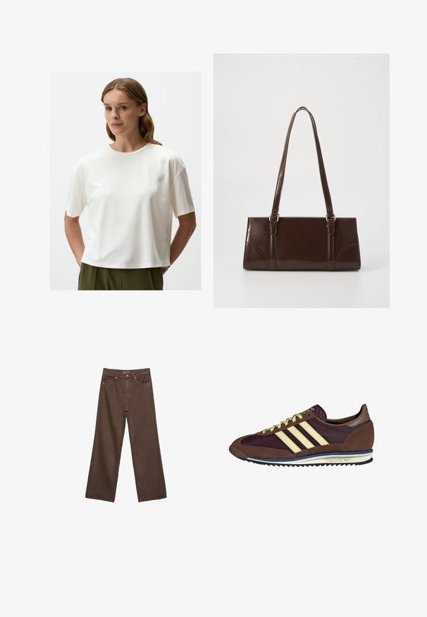 Jimmy Key T-shirt basic - ecru; Jeans a gamba larga marroni in denim, con vita alta, tasche anteriori e chiusura a bottone classica. Tessuto liscio con cuciture sottili.; Sneaker marrone e bordeaux realizzato in materiali scamosciati e in rete, caratterizzato da tre strisce color crema, tessuto testurizzato sulla linguetta e suola in gomma.; Borsa in pelle verniciata marrone di forma rettangolare, con due manici lunghi e sottili accenti curvi sul davanti.