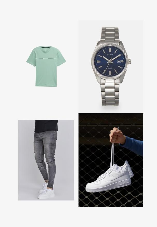 Světle zelené tričko vyrobené z měkké látky, s krátkými rukávy a kulatým výstřihem. Na hrudi je vytištěn jemný logo.; Slim fit džíny v bledě šedém denimovém provedení, s opotřebovanými detaily na kolenou, kombinované s bílými teniskami. Hladká textura, těsný střih.; Bílé kožené tenisky s perforacemi, kulatou špičkou, plochou podrážkou a silnými tkaničkami, které mají viditelné logo swoosh a nápis "AIR" na patě.; Stříbrný nerezový náramkový hodinky s navy modrým ciferníkem, kovovými hodinovými značkami a oknem pro datum na hodině 3. Vodotěsné do 50 metrů.