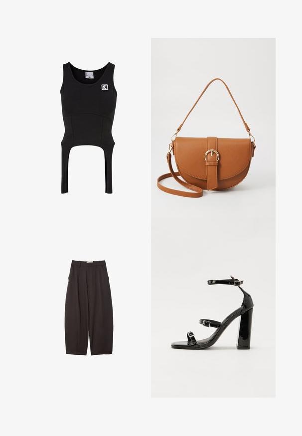 Top corto nera senza maniche realizzato in un tessuto morbido ed elastico con un design aderente. Presenta un logo sul petto e dettagli cut-out sull'orlo.; Pantaloni neri a gamba larga realizzati in un tessuto morbido, con vita alta, pieghe frontali e tasche laterali. Design semplice senza decorazioni.; Sandali con tacco in vernice nera, con punta squadrata, cinturini alla caviglia e fibbie in argento. Presentano un tacco a blocco spesso per maggiore stabilità.; Borsa a tracolla in pelle marrone con forma curvata, hardware dorato e un dettaglio con fibbia. Presenta una tracolla rimovibile.