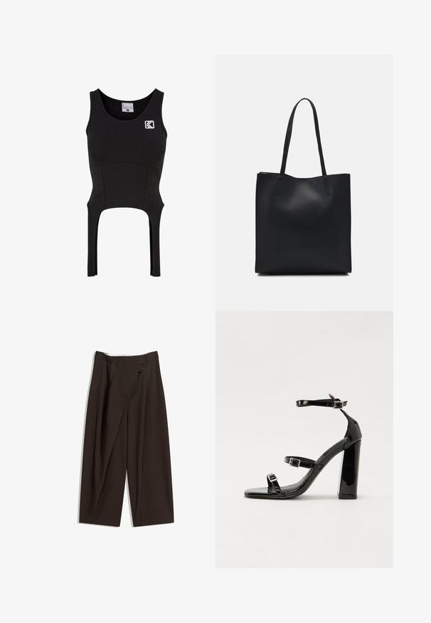 Čierny bezrukávový crop top vyrobený z mäkkej, elastickej tkaniny s priliehavým dizajnom. Má logo na hrudi a výrezové detaily na leme.; Tmavohnedé široké nohavice s vysokým pásom, s jedným gombíkom a záhybmi vpredu. Vyrobené z ľahkej textílie.; Čierne lakované sandále na podpätku so štvorcovou špičkou, navlečenými remienkami okolo členku a striebornými prackami. Disponujú masívnym blokovým podpätkom pre stabilitu.; Čierna kožená taška na rameno s hladkým povrchom, obdĺžnikovým tvarom a dvoma dlhými uchami. Bez viditeľného kovania alebo ozdôb.