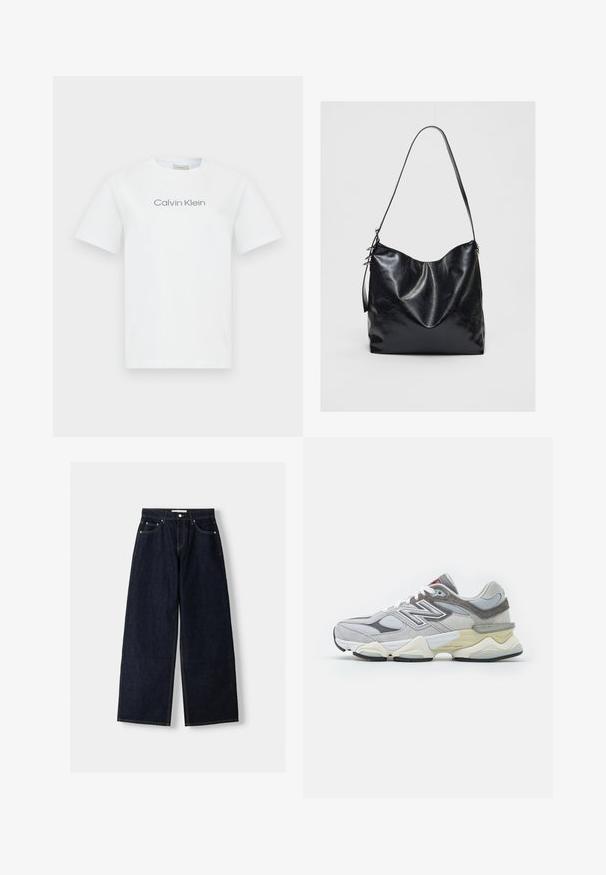 Weißes Baumwoll-T-Shirt mit Rundhalsausschnitt und kurzen Ärmeln. Auf der Brust steht der Text "Calvin Klein" in Grau.; Dunkelblaue, weite Jeans mit hoher Taille, fünf Taschen, Kontrastnähten und silbernem Metallzubehör. Glatte Textur und saubere Verarbeitung.; Graue Wildleder- und Mesh-Sneaker mit einer dicken weißen und beigen Sohle, ausgestattet mit einem auffälligen weißen Logo und roten Akzentdetails.; Schwarze Leder-Schultertasche mit einer weichen, strukturierten Oberfläche. Sie hat ein geschwungenes Design und einen einzelnen verstellbaren Tragegurt. Kein zusätzliches Zubehör.