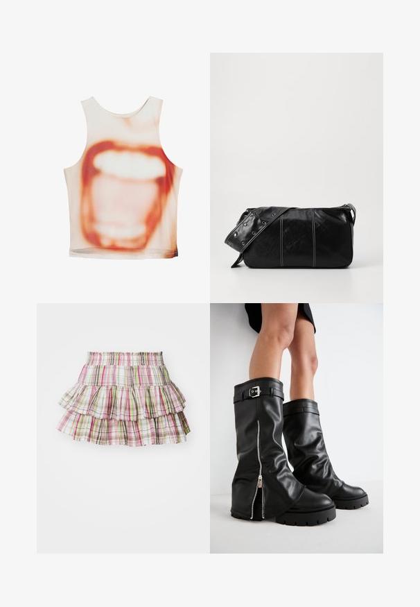 Ærmeløs top med et stort mundgrafik i nuancer af beige og orange, lavet af et glat stof med en afslappet pasform.; Plisseret nederdel med elastisk talje, prydet med et ternet mønster i pink, grønne og brune nuancer. Letvægts bomuldsstof.; Sorte læderknæhøje støvler med en bred skaft, der har en sidelukning med lynlås og spændeaccent, tekstureret finish og chunky gummisål.; Sort læder skuldertaske med lynlås, der har en tekstureret overflade, hvid syning og en rem med sølvøskner.