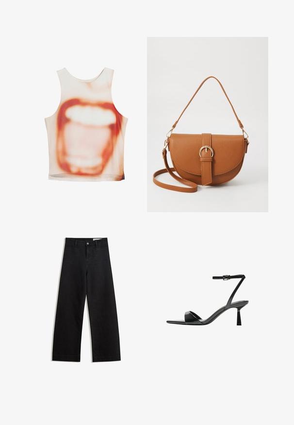 Sleeveless top featuring a large mouth graphic in shades of beige and orange, made of a smooth fabric with a relaxed fit.; Black wide-leg denim pants with a high waist, featuring front and back pockets, stitched seams, and a button closure. Smooth texture.; Bershka High heeled sandals - black; Brown leather crossbody bag with a curved shape, gold hardware, and a buckle accent. Features a detachable shoulder strap.