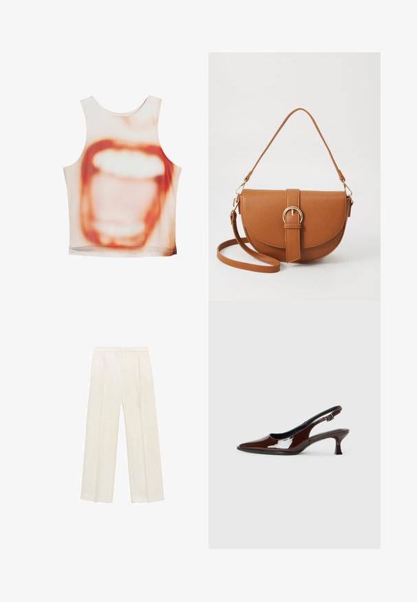 Mouwloze top met een grote mondafbeelding in tinten beige en oranje, gemaakt van een zachte stof met een comfortabele pasvorm.; Wijdgevallen broeken in een lichtcrème kleur. Gemaakt van een zachte stof met plooien aan de voorkant en zijzakken.; Bruine gepatineerde leren slingback-schoen met een spitse neus en een gematigd hakje. Voorzien van een gespsluiting voor een veilige pasvorm. Glad van textuur.; Bruine leren schoudertas met een gebogen vorm, gouden hardware en een gespaccent. Bevat een afneembare schouderriem.