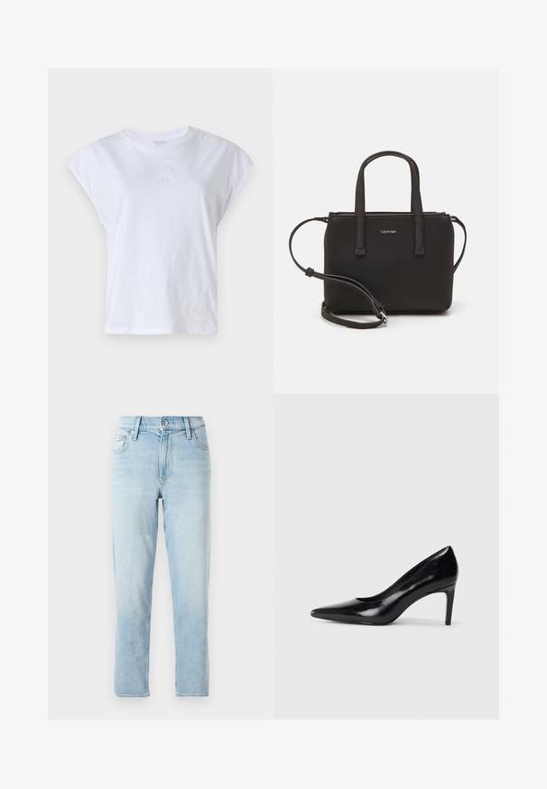 Witte T-shirt met korte, gestructureerde mouwen en een ronde halslijn. Bevat een subtiele, geborduurde afbeelding op de borst. Zacht katoenmateriaal.; Lichtblauwe denim jeans, recht gesneden design, middelhoog taille, met vijf-vaks stijl en een knoopsluiting aan de voorkant.; Zwarte leren hoge hak met een spitse neus, een gladde textuur en een tapse hak. Minimalistisch ontwerp, geen extra versieringen.; Zwarte handtas met dubbele korte handvatten en een afneembare schouderriem. Glad, leerachtig materiaal met een ritssluiting en logo-detail.