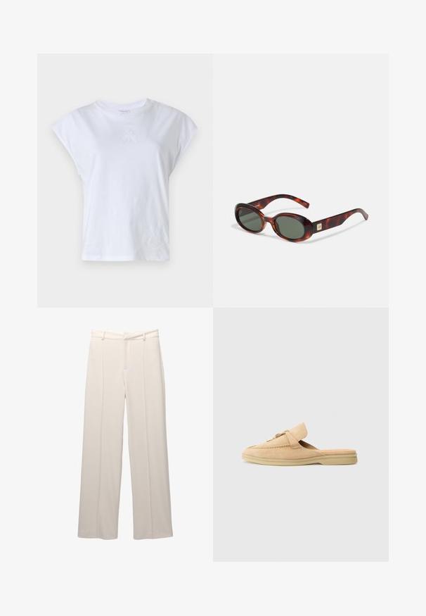 Biała koszulka z krótkimi, strukturalnymi rękawami i okrągłym dekoltem. Posiada subtelny, haftowany wzór na klatce piersiowej. Wykonana z miękkiej bawełny.; Szerokie spodnie w jasnobeżowym materiale o gładkiej teksturze. Posiadają dopasowany pas, zaszewki z przodu i brak widocznych kieszeni.; Beżowe zamszowe buty wsuwane z okrągłym noskiem, dekoracyjnym przeszyciem i złotymi akcentami. Płaska podeszwa i miękkie wykończenie wnętrza.; Okulary przeciwsłoneczne w kolorze skorupy żółwia z ciemnymi soczewkami, o owalnym kształcie i szerokich zausznikach. Zawierają mały złoty akcent po bokach. Wykonane z gładkiego tworzywa sztucznego.