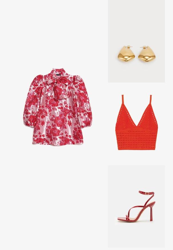Crveni pleteni grudnjak s V izrezom, tankim naramenicama, teksturiranim uzorkom s rupicama i prilagodljivim pojasom na dnu.; Crvena cvjetna bluza s naboranim rukavima, visokim ovratnikom i detaljem mašne. Izrađena od sjajnog tkanina s uzorkom velikih cvjetova na ružičastoj pozadini.; ALDO SCINTILLA - Sandale s visokom petom - red; Crvena kožna torba preko ramena s glatkom teksturom, zakrivljenim dizajnom i dekorativnom kopčom. Podesivi remen i zatvaranje na patentni zatvarač.; Zlatne metalne naušnice sa glatkim, zaobljenim trokutastim oblikom i dizajnom s postavljanjem na poleđini; reflektirajuća površina s minimalnim detaljima.