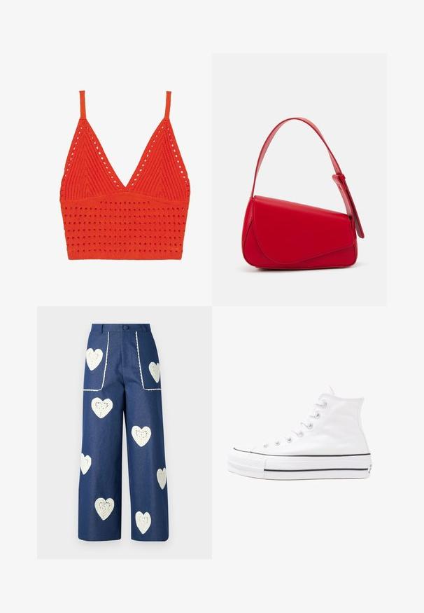 Rdeča pletena modrček top z V-izrezom, tankimi naramnicami, teksturiranim vzorcem z luknjami in prilegačim trakom na dnu.; Sister Jane HEART TO HEART - Ravne kavbojke - blue denim; Beli visoki platneni športni čevelj z črnim gumijastim podplatom, sprednjim gumijastim zaščitnikom za prste in šestimi luknjicami za vezalke, ki se ponaša s preprostim, minimalističnim dizajnom.; Rdeča usnjena torba z angularnim, geometrijskim dizajnom. Ima en samostoječ nastavljiv ročaj in pokrov, zaprt z zapiranjem, ki je okrašen s šivi.