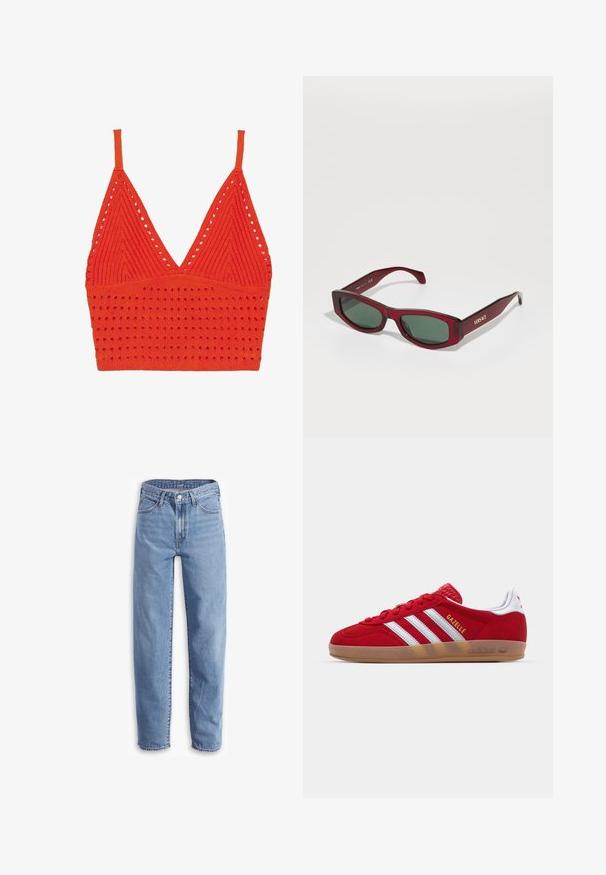 Red knitted bra top featuring a V-neck, thin straps, textured pattern with holes, and a form-fitting band at the bottom.; Light blue jeans made of denim, with a relaxed fit, straight leg, five-pocket design, and frayed hems for a casual look.; Red suede sneaker with white three-stripe design and gold "Gazelle" text. Features a rubber gum sole and textured heel.; Rectangular sunglasses with a deep red transparent frame, dark green lenses, and gold "VERSACE" branding on the temple.; Red leather handbag with an angular, geometric design. Features a single adjustable strap and a flap closure with stitched detailing.