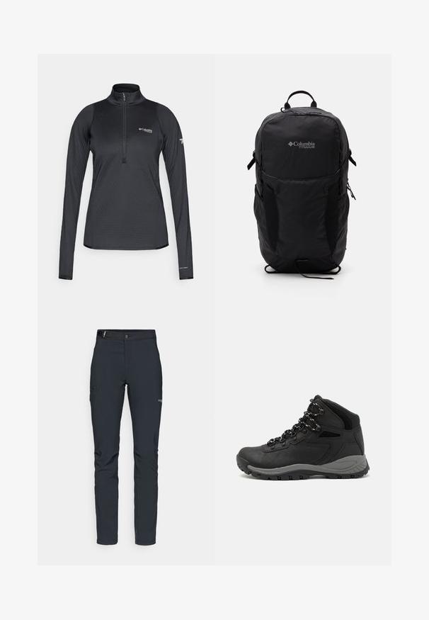 Schwarzer Columbia Titanium Langarm-Sportpullover mit Viertelreißverschluss und Omni-Heat-Branding am linken Ärmelbund.; Herren Outdoor-Hosen, dunkelgrau, aus flexiblem Material, mit einem Gürtel, Reißverschlusstaschen und verstärkten Nähten.; Schwarzer Wanderstiefel mit einem mittelhohen Design, ausgestattet mit einer strukturierten Oberfläche, grauen Akzenten und einer robusten Gummisohle mit Profilstollen.; Schwarzer Columbia Titanium Rucksack mit glatter Stofftextur, Seitentaschen, Oberhandgriff und verstellbaren Trägern. Minimalistisches Design mit dezentem Branding.