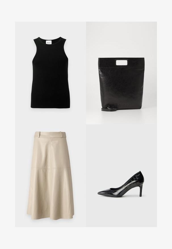 Black sleeveless top with a ribbed texture, round neckline, and a fitted shape. Tag shows "DAY" logo.; Beige leather midi skirt with a smooth texture, wide waistband, and flared hem; features stitched seams for added detail.; Black pointed-toe high heels with a glossy finish and subtle textured pattern. Features a moderate heel and open throat design.; Black leather tote bag with a square handle, featuring a textured finish and embossed logo. Includes a detachable strap.