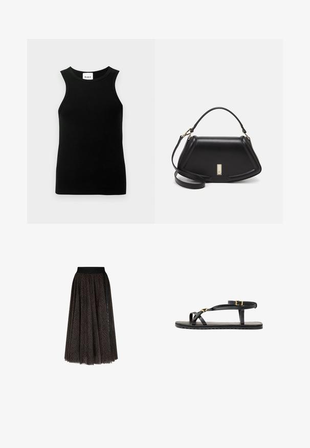 Schwarzes ärmelloses Oberteil mit geripptem Muster, runden Ausschnitt und taillierter Form. Das Etikett zeigt das "DAY"-Logo.; Braun- und schwarz gemusterter Midirock mit einem schwarzen elastischen Bund und vertikalem schwarzen Streifen auf einer Seite.; Schwarze Ledersandalen mit dünnen Riemen und einem geschnallten Knöchelriemen. Flache Sohle mit texturiertem Finish und Zickzackkante. Minimalistisches Design.; Schwarze Lederhandtasche mit einem strukturierten Design, das eine verkürzte Form, einen oberen Griff und goldfarbene Hardware-Details aufweist. Verstellbarer Schulterriemen ist enthalten.