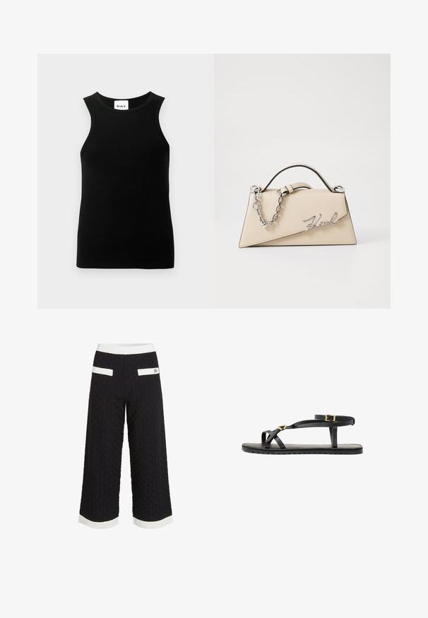 Top senza maniche di colore nero con texture a coste, scollatura rotonda e forma aderente. L'etichetta mostra il logo "DAY".; Pantaloni cropped neri con un motivo tessuto testurizzato. Presentano strisce di accento bianche in vita e all'orlo, oltre a due tasche posteriori.; Sandali neri in pelle con sottili cinturini e una cinghia alla caviglia con fibbia. Suola piatta con una finitura texturizzata e bordo a zigzag. Design minimalista.; Borsa a mano in pelle beige con una forma triangolare strutturata, dotata di un manico in catena argentata e di un logo in metallo scritto in corsivo.
