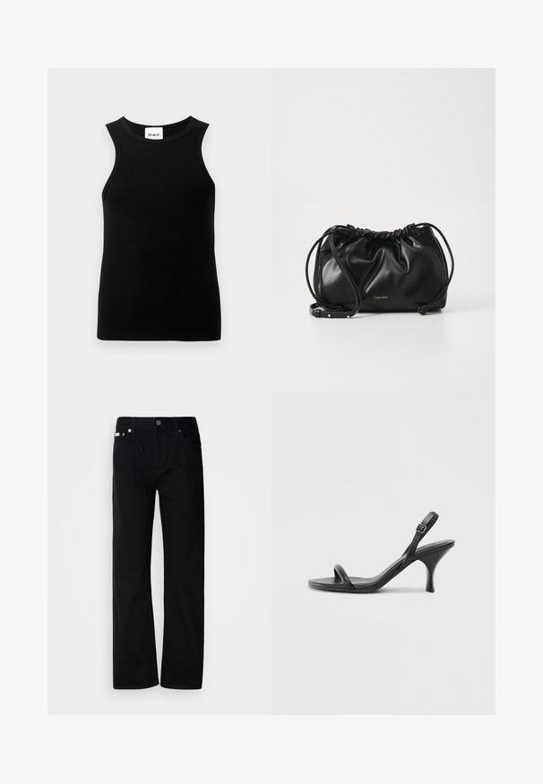 Black sleeveless top with a ribbed texture, round neckline, and a fitted shape. Tag shows "DAY" logo.; Black denim straight-leg pants with five pockets, silver rivets, and a button fly. The fabric has a smooth, slightly textured finish.; Black leather high-heeled sandals with a slim, curved heel and a crossed strap design. Adjustable ankle strap. Smooth texture.; Black leather handbag with gathered design, dual drawstring closure, and detachable shoulder strap. Features metallic logo detail.
