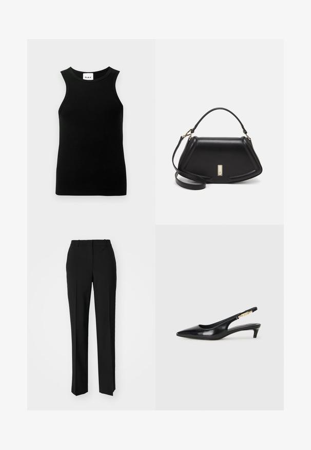 Crna bez rukava majica s rebrastom teksturom, okruglim izrezom i prilagođenim oblikom. Oznaka prikazuje logo "DAY".; Crne krojene hlače ravnog kroja, s glatkom teksturom i oštrim pregibima naprijed. Bez vidljivih metalnih dijelova.; Crne kožne sandale s petom, s izduženim vrhom, imaju usku petu i zlatni akcent na podesivoj traci. Glatka tekstura.; Crna kožna torba s strukturiranim dizajnom, s krojenim oblikom, gornjom drškom i zlatnim detaljima. Uključena je podesiva ramena traka.