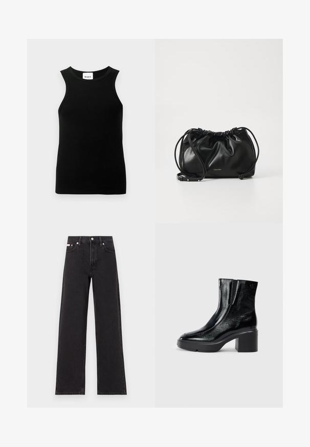Sort ærmeløs top med ribbet tekstur, rund halsudskæring og tætsiddende pasform. Mærket viser "DAY" logoet.; Sorte vidde jeans lavet af denim, med høj talje, fem-lomme stil og en metalknap lukning med kontrasterende syninger.; Sorte patenterede læderankelstøvler med en buet tå, elastiske sidepaneler og en kraftig blokhæl. Har et præget logo på bagsiden.; Sort læderhåndtaske med samlet design, dobbelt snørelukning og aftagelig skulderrem. Har metal-logo detaljer.