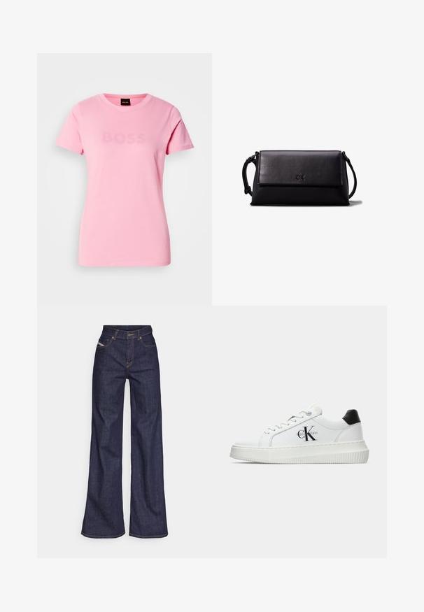 Růžové bavlněné tričko s krátkými rukávy a kulatým výstřihem. Na hrudi je jemné logo "BOSS" ve stejné barvě.; Tmavě modré džíny s širokým střihem vyrobené z denimové tkaniny, s vysokým pasem, oranžovým prošíváním, pěti kapsami a zapínáním na knoflík.; Bílé nízké tenisky s černým patním tabem, platformovou podrážkou, tkaničkami a logem Calvin Klein "CK" na boku.; Černá kožená psaníčko s obdélníkovým tvarem, hladkým povrchem, plochým víkem a malou rukojetí na boku. Obsahuje jemné logo.