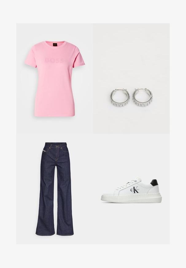 Rozā kokvilnas t-krekls ar īsām piedurknēm un apaļu kakla izgriezumu. Uz krūšu daļas ir smalks "BOSS" logotips tādā pašā krāsā.; Tumši zili platleņķa džinsi no denima auduma ar augstu jostasvietu, ar oranžām šuvēm, piecu kabatu dizainu un pogu aizdari.; Baltā zema topa sporta apavas ar melnu papēža cilni, platformas zoli, auklēm un Calvin Klein "CK" logo sānos.; Sudraba gredzena auskari ar faktūras dizainu, kas ietver vertikālas rievas. Apaļa forma ar drošu aizdari. Gluda apdare.