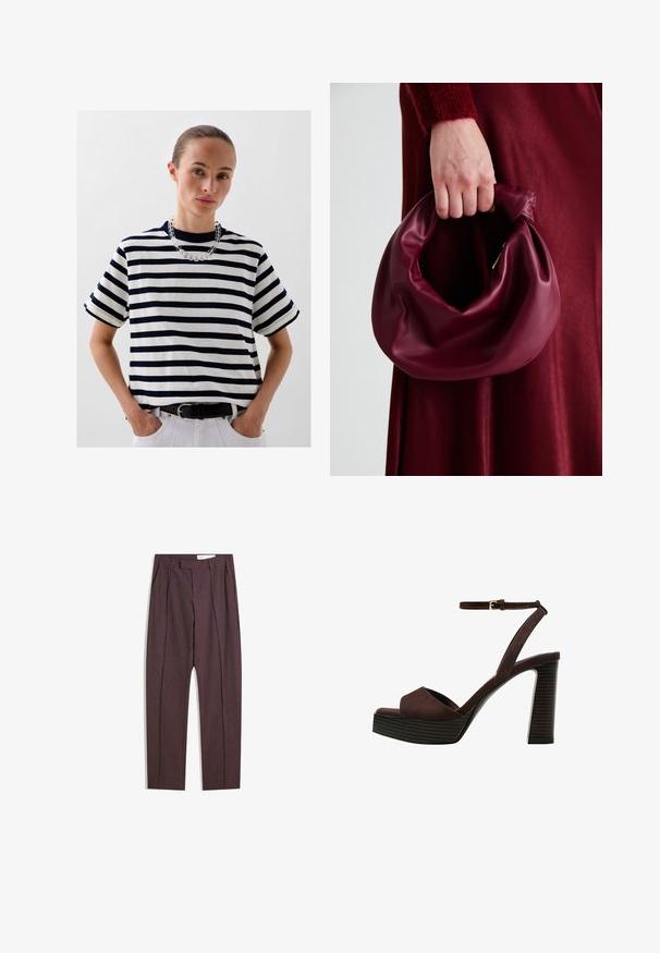 Scalpers HEAVY SOLID - Tricou cu imprimeu - navy stripes; Pantaloni purpurii cu dungi, cu pliuri, având talie înaltă și un croi drept. Confecționați dintr-un material neted, texturat.; Sandal cu toc înalt din suede maro, cu vârf deschis, curea ajustabilă la gleznă și talpă cu dungi.; Geantă de mână din piele burgundă, cu un design moale și pliat și o formă rotundă. Mânerele sunt securizate, evidențiind o textură netedă.