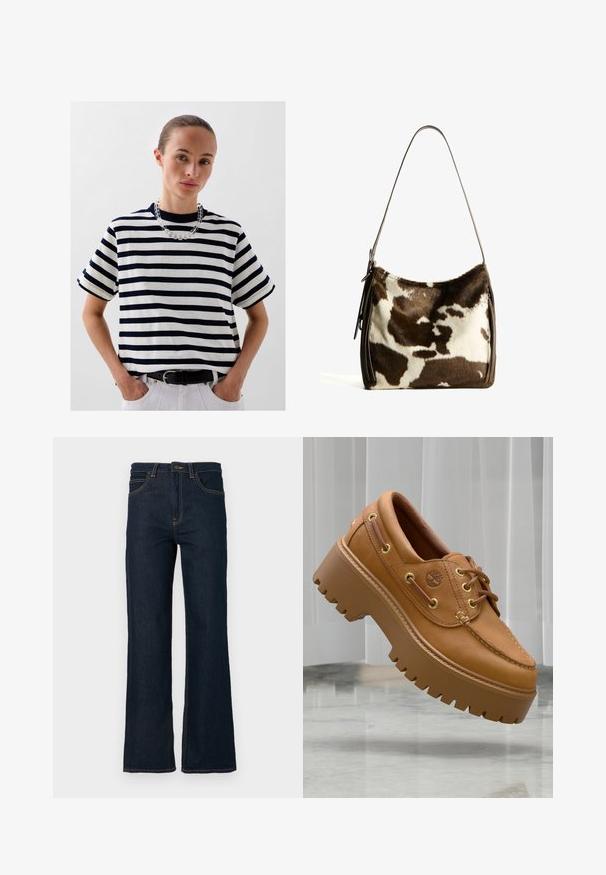 Scalpers HEAVY SOLID - T-Shirt print - navy stripes; Dunkelblaue, gerade geschnittene Denim-Jeans mit Fronttaschen, Gürtelschlaufen und einem Knopfverschluss am Bund vor einem weißen Hintergrund.; Braune Lederschuhe mit Plattform, dicken, geriffelten Sohlen, goldenen Ösen und einem schlichten, gestickten Design. Mit kleinem Logo an der Seite.; Braune und cremefarbene Kuhhaut-Umhängetasche mit einem glatten Ledertrageriemen, Reißverschluss und einer weichen, strukturierten Oberfläche mit einem natürlichen Muster.