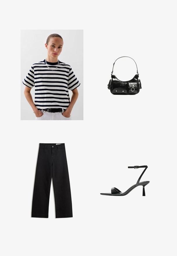Scalpers HEAVY SOLID - Print T-shirt - navy stripes; Black wide-leg denim pants with a high waist, featuring front and back pockets, stitched seams, and a button closure. Smooth texture.; Bershka High heeled sandals - black; Black patent leather handbag with a curved shape, one shoulder strap, front pockets, and silver-tone hardware accents.