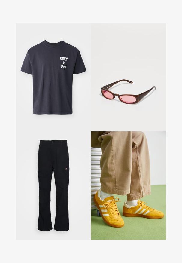 Camiseta de algodón negra con mangas cortas y cuello redondo. El frente presenta texto blanco que dice "OBEY tiene una pandilla." Diseño simple y casual.; Pantalones cargo negros con un diseño de pierna recta, hechos de tela duradera, con bolsillos laterales y un logo de parche en el lado izquierdo.; Zapatillas de ante amarillo con rayas blancas, que cuentan con una suela de goma, cordones de tela y un cuello acolchado, combinadas con pantalones de algodón beige.; Gafas de sol tintadas en marrón con una forma ovalada alargada y elegante. Las monturas están hechas de plástico brillante; los cristales son rosas con una ligera curvatura.