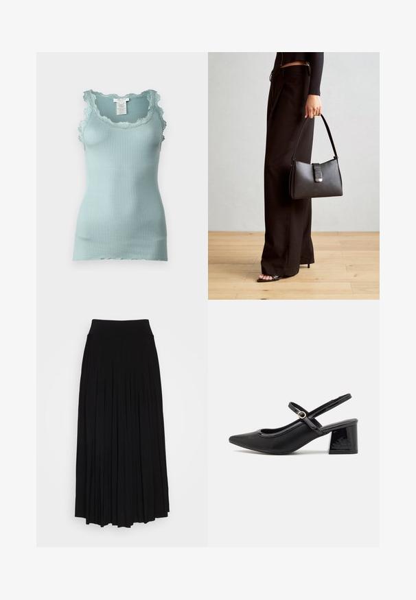 Rosemunde BABETTE U NECK - Top - blue mist; Black pleated skirt with a high, stretchy waistband. Made from soft fabric, featuring vertical pleats for a flowing silhouette.; Black patent leather slingback heels with a pointed toe, a rounded cutout design, and a block heel. Features a gold-tone buckle accent.; Black handbag with structured shape, smooth texture, and a metallic clasp. Paired with wide black pants and open-toe sandals on wooden floor.