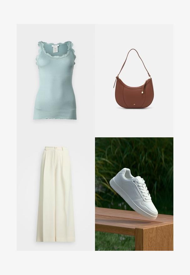 Rosemunde BABETTE U NECK - Felső - blue mist; Széles szárú, natúrfehér anyagú nadrág, magas derékkal, dupla redőkkel és gombos záródással. Sima textúra és igényes szabás.; Fehér sportcipő sima szintetikus felsőrésszel, perforált lábujjrész, lapos fűzőkkel és texturált talppal, fából készült felületen kihelyezve.; Barna műbőr válltáska ívelt formával, minimális varrással és arany színű kiegészítőkkel. Jellemzője a felső cipzáras záródás és állítható pánt.