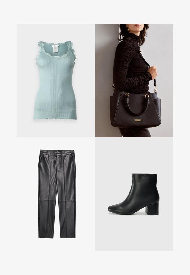 Rosemunde BABETTE U NECK - Top - blue mist; Calças de pele preta com uma textura suave, apresentando um ajuste reto, dois bolsos frontais e detalhes de costura visíveis.; Botas de tornozelo em pele preta com bico pontiagudo e um salto robusto. Textura suave com acentos mínimos e um design ajustado e elegante.; Bolsa preta com superfície texturizada, alças superiores duplas e alça de ombro ajustável. Apresenta ferragens em tom dourado e bolsos laterais.