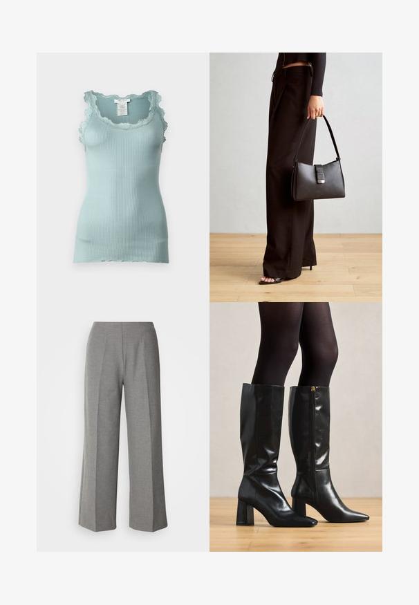 Rosemunde BABETTE U NECK - Top - blue mist; Gray tailored wide-leg pants with a smooth texture, featuring a flat front and crisp crease lines on each leg.; Knee-high black leather boots with a glossy finish, pointed toe, and chunky heel. Side zipper detail for easy wear.; Black handbag with structured shape, smooth texture, and a metallic clasp. Paired with wide black pants and open-toe sandals on wooden floor.