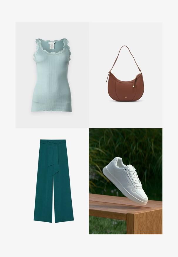 Rosemunde BABETTE U NECK - Top - blue mist; Calças largas em um tom de teal profundo com um acabamento texturizado, apresentando uma cintura atada para ajuste e uma silhueta fluida.; Sapatilha branca com um cabedal sintético liso, caixa dos dedos perfurada, atacadores planos e uma sola texturizada, exposta sobre uma superfície de madeira.; Mala de ombro em pele sintética castanha com forma curva, costura minimalista e detalhe em metal dourado. Apresenta fecho de zíper no topo e alça ajustável.