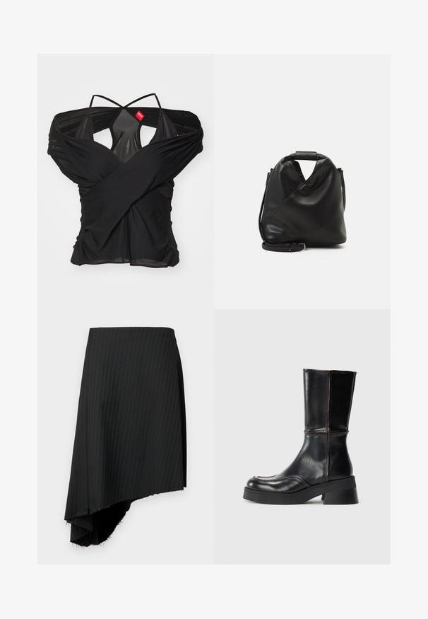 032c DRAPED SWAN EVENING - Apdrukāts T-krekls - black; Melnas svītrains svārku ar asimetrisku apakšmalu, kurai ir neapstrādātas malas. Izgatavoti no viegla auduma ar gludu tekstūru.; Melnas ādas potītes zābaki ar bloku papēdi, kas izceļas ar kontrastējošu šuvju un izliekta pirksta dizainu. Gluda tekstūra, eleganta silueta.; Melnas, mīkstas ādas soma ar unikālu savērptu dizainu. Iespējo īsu rokturi un noņemamu plecu siksnu. Minimalistisks stils.