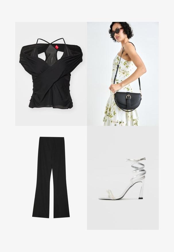 032c DRAPED SWAN EVENING - Nyomott mintás póló - black; Fekete, haranglábú nadrág, mely textúrált anyagból készült, rugalmas derékkal és laza szabással rendelkezik, a kényelem és a mozgás szabadsága érdekében tervezve.; Ezüst színű, magas sarkú szandál, csillogó pánt dizájnnal, gyöngyszerű díszítéssel és spirális bokapánttal a biztos illeszkedés érdekében.; Fekete bőrtáska ívelt formával, levehető pánttal és arany színű fémrészekkel. A táskán egy csattal díszített fedél található.