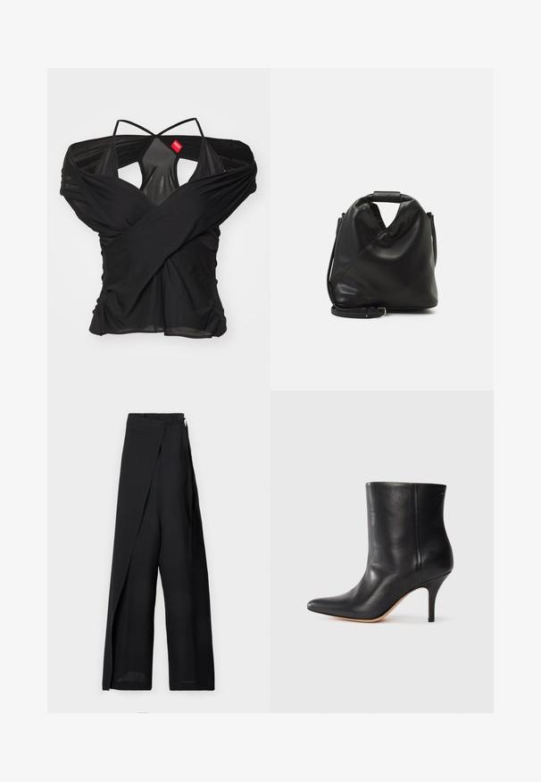 032c DRAPED SWAN EVENING - Print T-shirt - black; Black wide-leg trousers with a wrap design, featuring a smooth texture, high waist, and a side tie detail. Made from lightweight fabric.; Black leather ankle boot with pointed toe, slim stiletto heel, and smooth texture. Minimalist design with no visible hardware or accents.; Black, soft leather bag with a unique twisted design. Features a short handle and a detachable shoulder strap. Minimalist style.